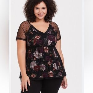 Size:0 Torrid Black Red Roses Short Sleeve Blouse w/ Black Polka Dot Mesh
